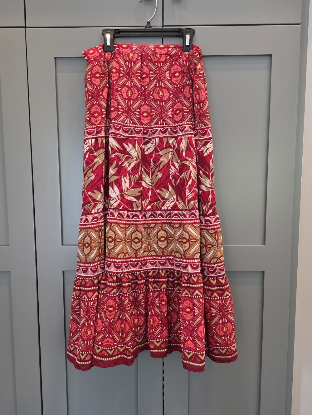 JM Collection Red Coral Floral Patchwork Tiered Peasant Maxi Skirt Boho Size 10
